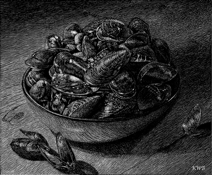 Mussels in Bowl Scraper Board Engraving