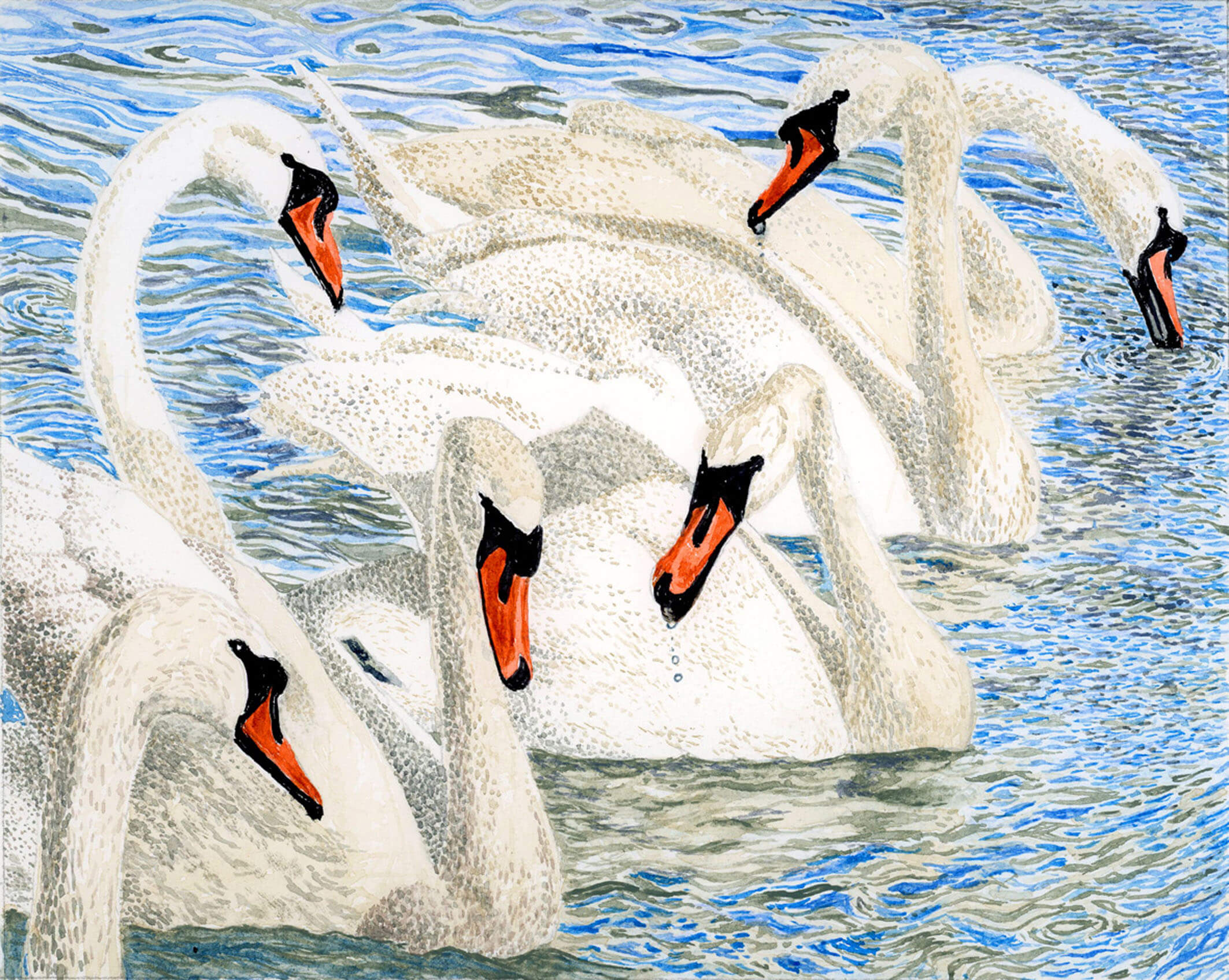 Six Swans on The Serpentine. Watercolour on canvas